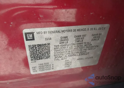 2019 Chevrolet Trax Lt z USA, uszkodzony, nr VIN 3GNCJLSB0KL230127